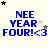 Blue text reading "NEE YEAR FOUR!" with a heart symbol, surrounded by black and gray stars on a light background.