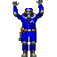 Pixelated figure in blue jumpsuit with silver accents and orange belt raises arms in multiple poses against gray background.