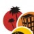 Red circular shape with black top section and central dark spot, adjacent to brown and yellow pixelated forms on white background.