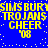 Blue background with yellow pixelated text reading 'SIMS BURS TROJANS CHEER '08' repeated twice in a pattern, scattered white dots