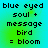 Pixelated text on a gradient background reads "blue eyed soul + message bird = bloom" in four identical