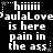 Pixelated text displays 'aulaLove is here pain in the ass' with star and dot decorations on a black background.