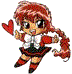 Pixelated anime-style character with red pigtails, white bow, red and black dress, red shoes, and red heart props in multiple poses.