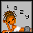 Pixel art contact sheet showing a cartoon character with orange skin and braided hair in various poses across three frames, accompanied by pixelated text phrases on pink and gray backgrounds.