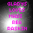 Pixelated text in bright pink reads 'GLADYS LOVES MADI REA RASKIN' over a dark gray gradient background with light spots.