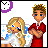 Pixel art animation of two characters in red and white clothing with blonde hair, showing dialogue text changes across frames.