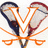 Pixelated icon of two crossed lacrosse sticks with orange outlines and dark blue/red bodies on a white background.