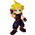Pixel art character with blonde hair and blue eyes in dark clothing, holding a weapon that emits red-orange energy effects across multiple poses.