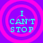 Four identical circular icons with pink concentric rings on a purple background, each displaying cyan text "I CAN'T STOP" in pixelated font.