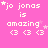 Pixelated pink background with white text 'jo jonas is amazing' and three heart symbols, featuring animated star placements in different positions across frames.
