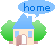 Pixel art contact sheet showing two frames of an animated house icon with a speech bubble containing the word 'home' in one frame.