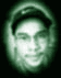 Three vertically stacked circular images of a person wearing a cap, each with distinct color filters: green at top, purple in middle, blue at bottom.