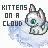 Pixelated kitten with green eyes sits on a cloud, text changes from 'KITTENS ON A CLOUD' to 'MEOW' across frames.