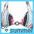 A pixelated image of a bikini top with blue and pink straps, featuring the word 'summer' in brown text on a light blue banner below.