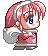 Pixel art character with pink hair and blue eyes in a red outfit, shown across of animation