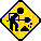 Four yellow diamond-shaped icons with black and blue pixelated figures in various poses against a gray background.