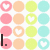 pastel-colored circles with white heart symbols, featuring scattered black text fragments and emoticons
