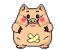 Pixel art pig with pink cheeks, green X on belly, and dark brown feet in multiple poses including front-facing, side, back, and waving.