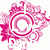 Pixelated pink and white circular design with layered concentric rings, floral or mandala-like patterns extending outward from a central void.