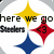 Static pixel art icon featuring a yellow star, red diamond with '43', blue diamond, and text reading 'here we go Steelers' on white background.