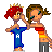 Pixel art of two figures embracing, one in blue shirt with 'A' and red hair, the other in striped top; bold red text "Love My Baby" below.