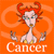 A 3x2 contact sheet of six animated frames showing a cartoon woman with red hair styled as crab claws, wearing a yellow bikini top against an orange background with the word "Cancer" below her in white text.