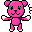 Pixelated pink bear character with white accents on limbs and face, standing with arms outstretched against gray background, displaying subtle animation frames.