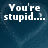 A four- displays pixelated text on a dark blue background with faint heart shapes, transitioning from 'You're stupid...' to 'but....' then 'I love you anyway'