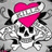 Pixelated skull with crossed bones, pink heart-shaped banner reading 'LOVE' over eyes, black and white tattoo-style design on gray background.