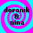 Four identical pixelated icons display "doronik & nina" text over a cyan and magenta spiral background with no visible animation changes.