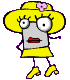Yellow cartoon character with pink flower, gray face, red lips, and purple limbs in multiple poses on gray background.