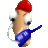 Pixelated character with red cap, white eyes, blue lower body, and white curved line on left side against gray background.