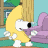 Animated contact sheet showing six frames of a cartoon dog character in a banana costume performing different poses against a living room background with purple couch and window view.