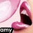 A close-up of a person's mouth with pink lips and teeth visible, showing text overlays in black rectangular boxes.
