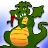 Pixelated green dragon with yellow underbelly, red tongue, and white teeth against light blue gradient background.