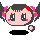 Pixelated cartoon character with pink cheeks, black hair, and red accents; two expressions shown side-by-side on gray background.