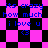 Pixelated text and symbols on a pink-and-black checkered background with animated distortion effects.