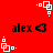 Red background with repeating white geometric shapes and black text reading "alex" followed by a heart symbol.