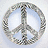 Silver peace symbol with pixelated texture on light blue background; pink and lavender hearts with 'Best Friends' text; two people in low-resolution photo.