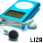 Blue MP3 player with white earphones and black circular accents, each labeled 'LIZA' in varying colors.