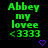 Green pixelated text reads 'Abby my lovee <3333' on black background with purple heart symbol below.