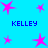 Blue background with pink star shapes and four instances of the text 'KELLEY' in blue pixelated font.