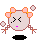 Pixelated cartoon character with pink lips, black X eyes, and orange-pink flower hair accessories against a gray background.