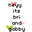 Pixelated text and heart icons on white background with gray bottom-right corner, featuring 'hey its bri and gabby' and 'WE love STEVEN!!!!'