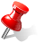 Red pushpin icon with metallic silver stem, pixelated rendering on gray background, visible shadow cast to lower right.