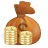 Brown sack with two coin stacks protruding from its base, tied at the top with a brown knot, set against a plain white background.