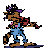 Pixelated character with brown skin, purple hair, and sunglasses walks in a sequence of showing left-to-right movement
