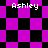 Pixelated image with four instances of the name 'Ashley' in white text over a black and purple checkered background that shifts from square to diamond pattern.