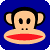 Pixelated monkey face with large red lips, black eyes and ears, beige skin, on solid blue background.