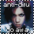Pixelated image of a person with dark curly hair wearing a light-colored shirt, with text overlays reading 'anti-diru' and 'go away' in white and pink lettering.